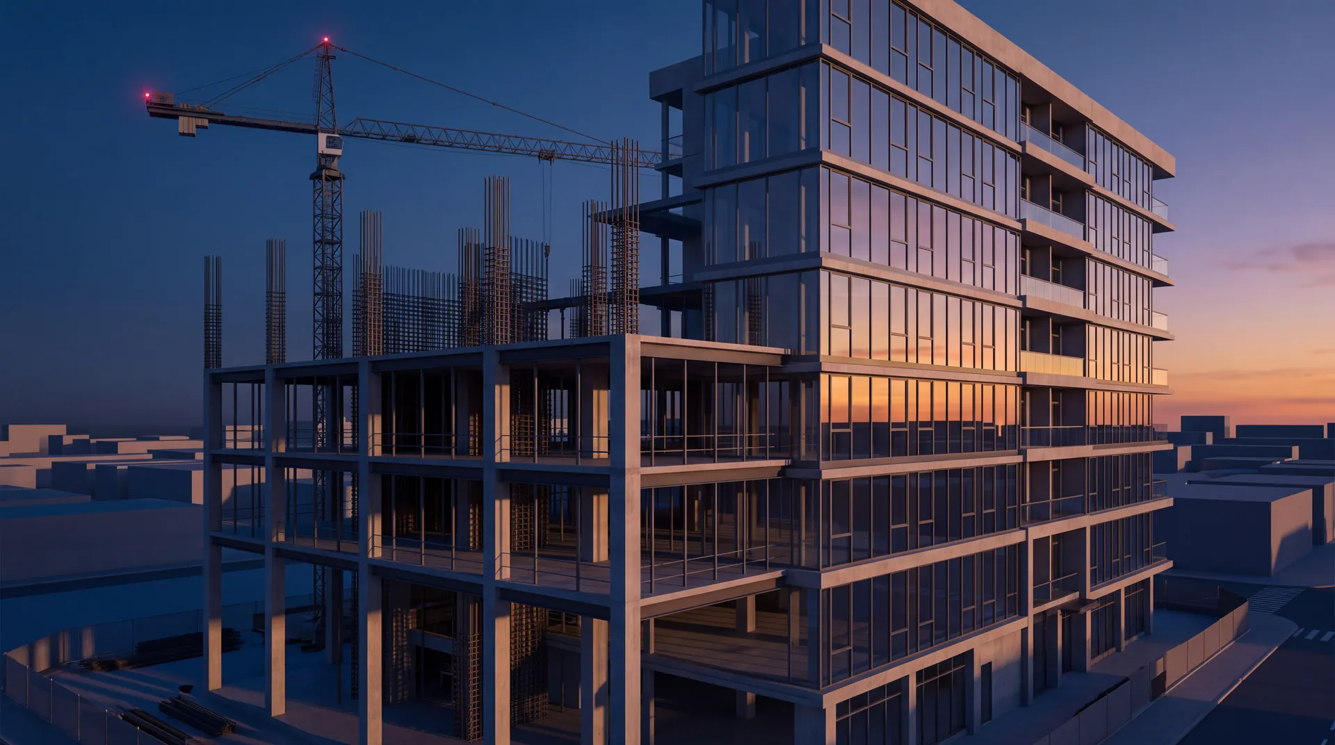 Edificio en construcción con estructura de concreto visible y fachada de vidrio terminada al atardecer — LPS Ingeniería Estructural