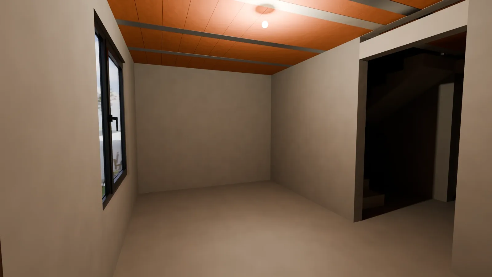 Sala de la casa modelo en obra gris: muros pañetados, piso en concreto y placa a la vista