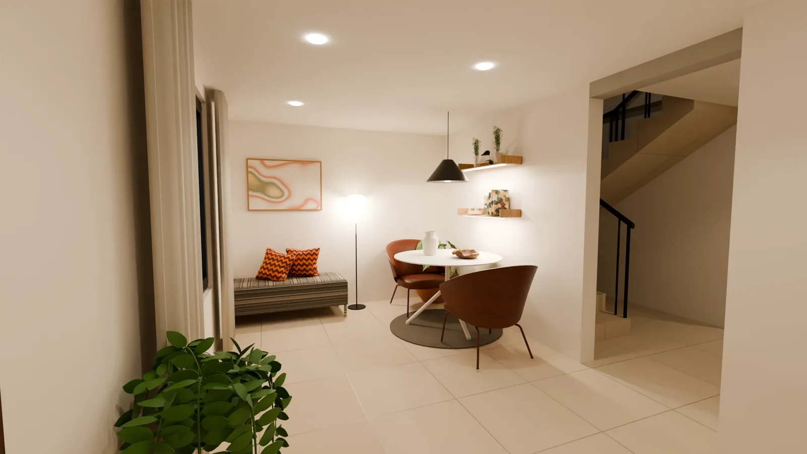 La misma sala con acabados: porcelanato, cielo raso, iluminación y mobiliario ilustrativo